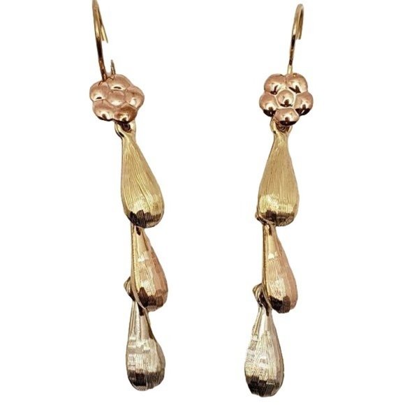 Real 14K Yellow, Rose & White Gold Hollow 3 Teardrops Hanging Earring womens